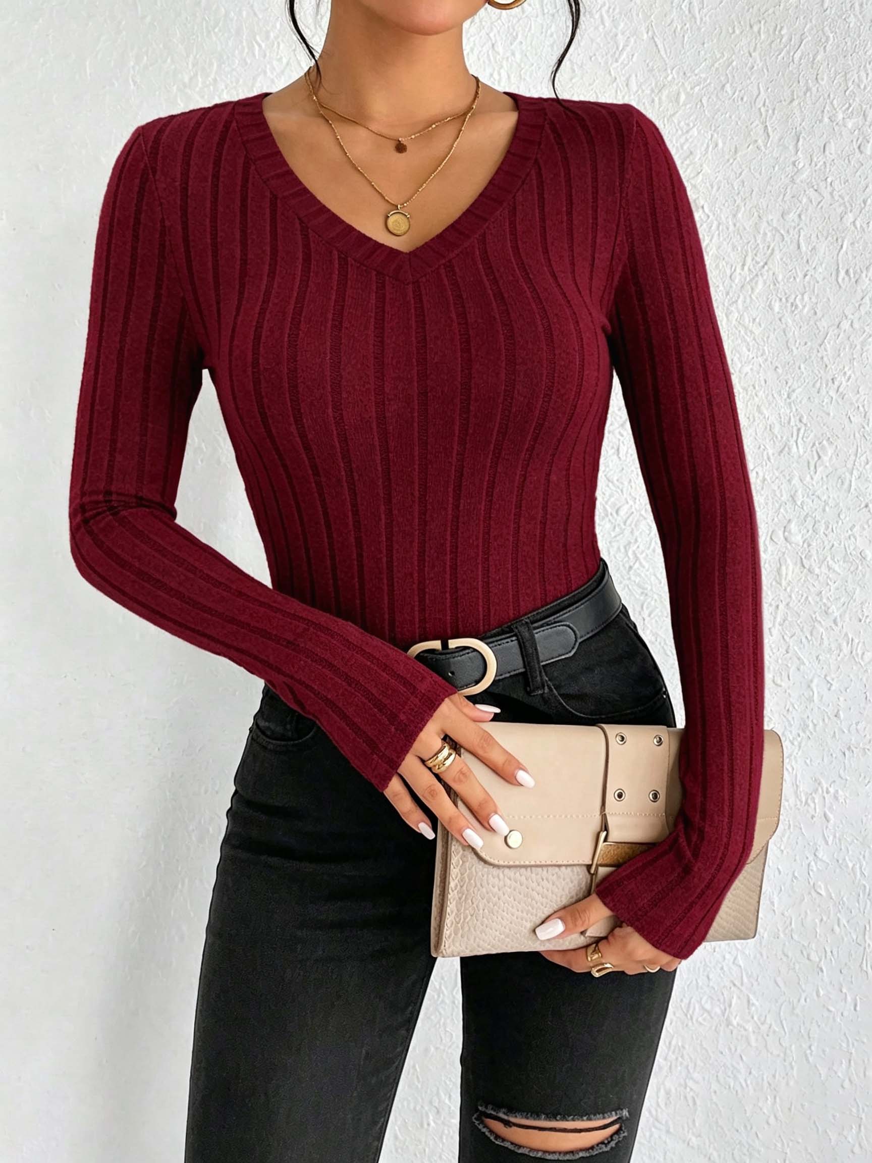 Women Solid V‑Neck Ribbed Knit - Winter Clothing For Women recension och pris